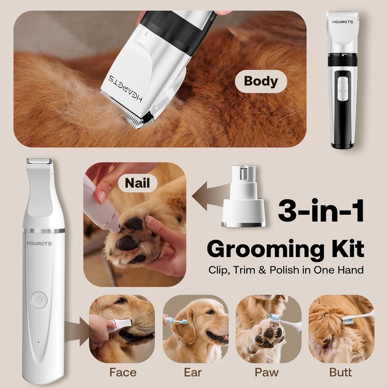 HEAPETS Dog Hair Clippers for Grooming Kit and Dog Paw Trimmer Nail Grinder for Grooming, Low Noise Rechargeable Cordless, Shaver Grooming Supplies for Pet Cats Dogs (White, White) - Image 2